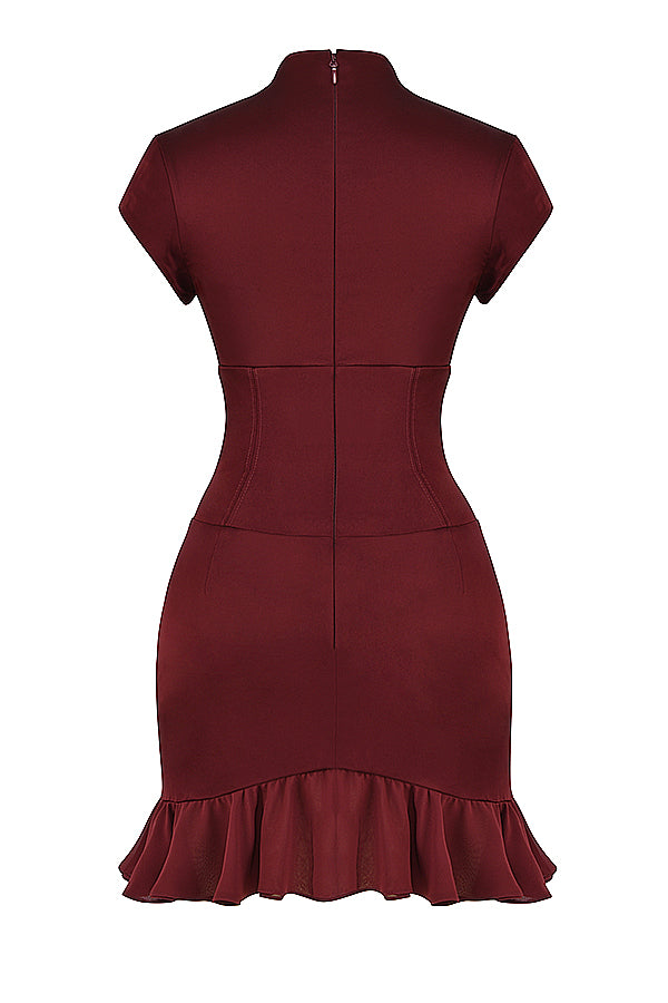 Abito corsetto rosso vino con volant