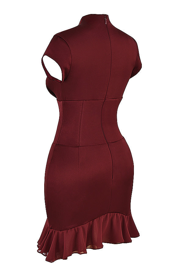 Abito corsetto rosso vino con volant