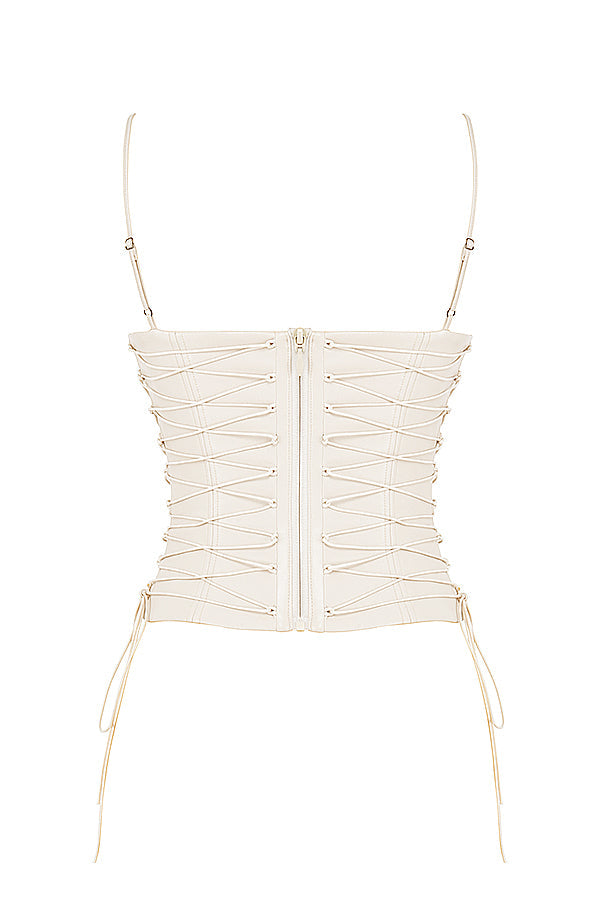 Corsetto in pelle vegana bianca con gonna midi drappeggiata