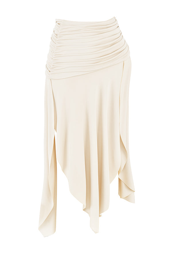 Corsetto in pelle vegana bianca con gonna midi drappeggiata