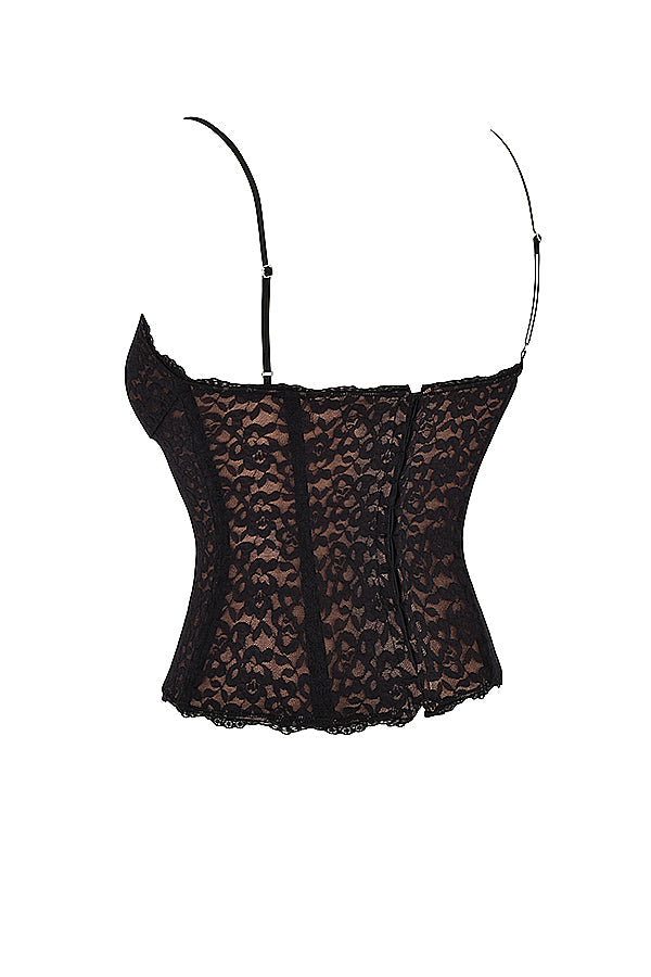 Corsetto in pizzo nero con gonna midi in raso