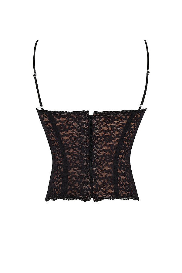 Corsetto in pizzo nero con gonna midi in raso