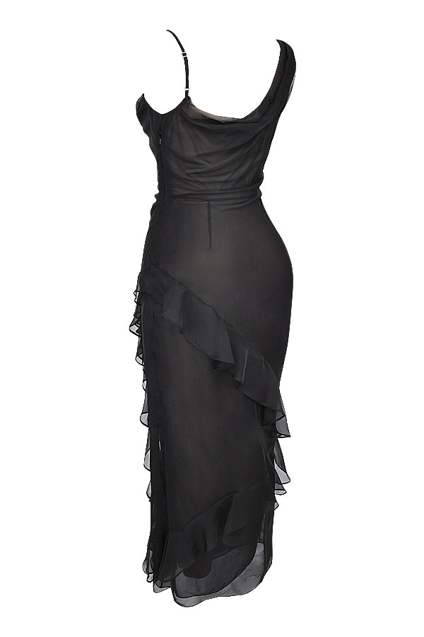 Maxi vestito nero con volant