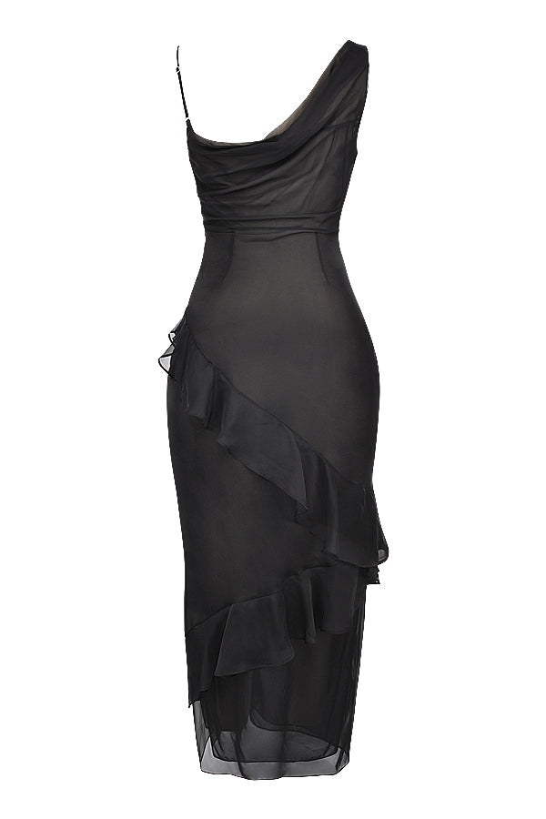Maxi vestito nero con volant