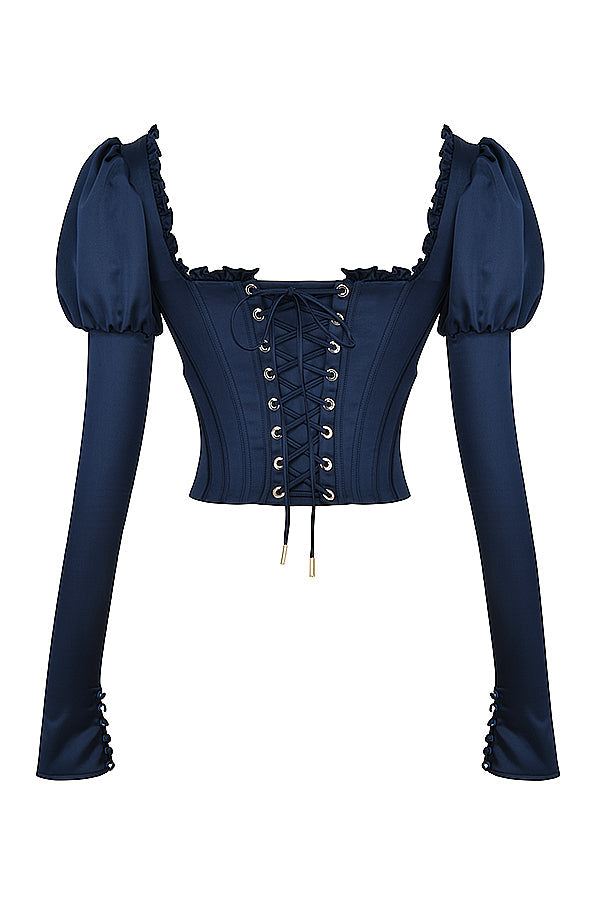 Corsetto blu navy con maniche a sbuffo e maxi gonna in raso con taglio in sbieco