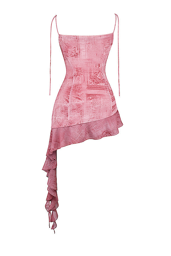 Mini vestito con stampa rosa e volant
