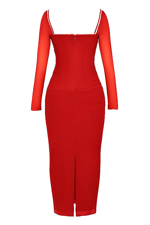 Maxi vestito rosso intenso con maniche lunghe