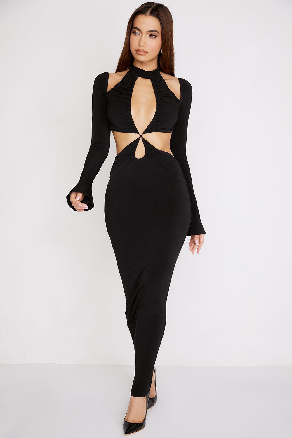 Abito lungo in jersey nero con cut-out