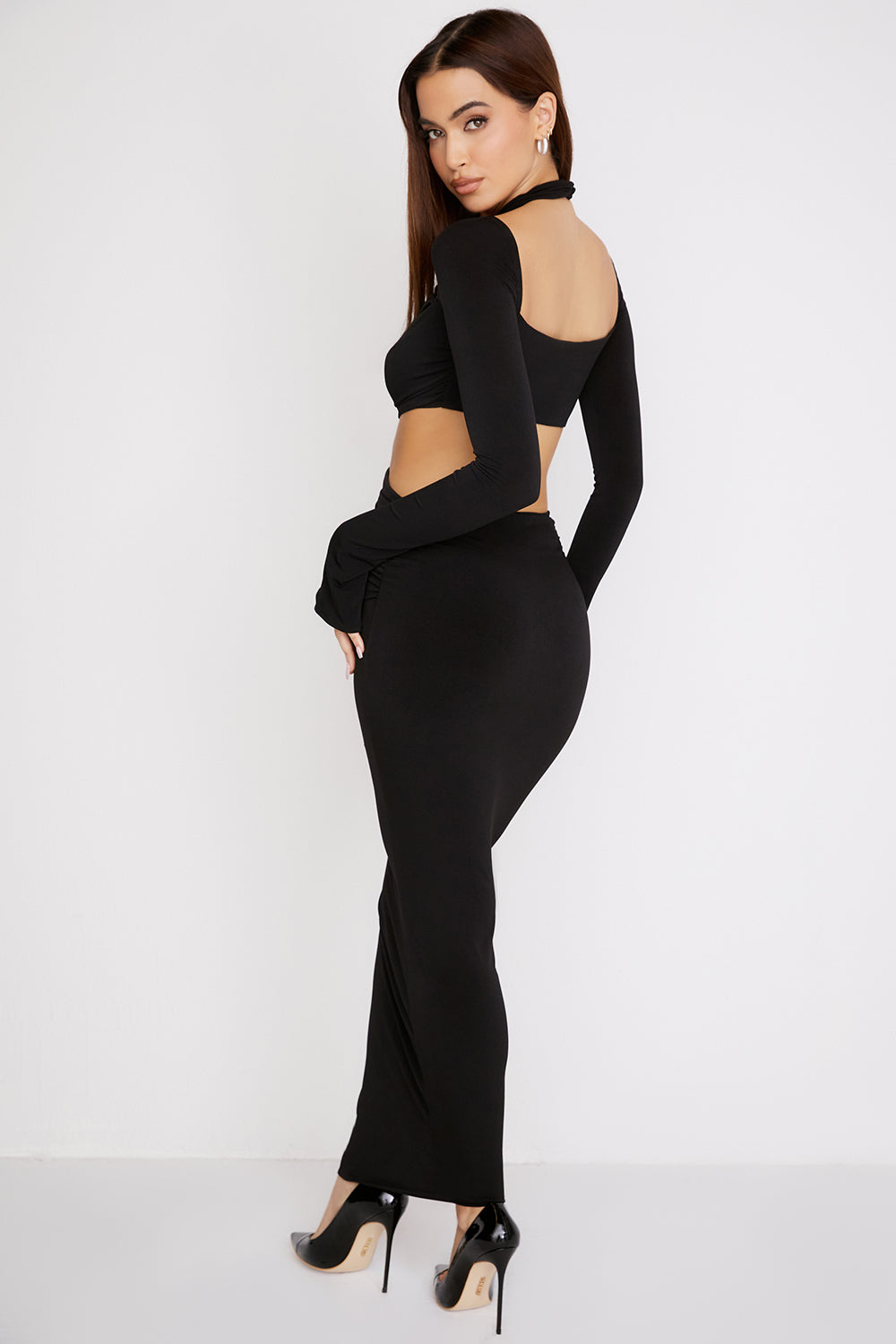 Abito lungo in jersey nero con cut-out