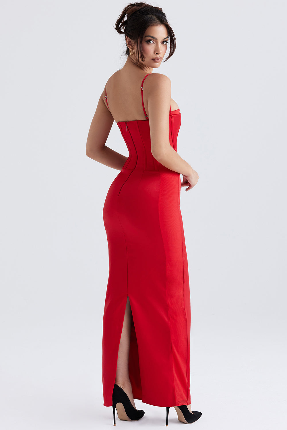 Abito lungo con corsetto in raso rosso
