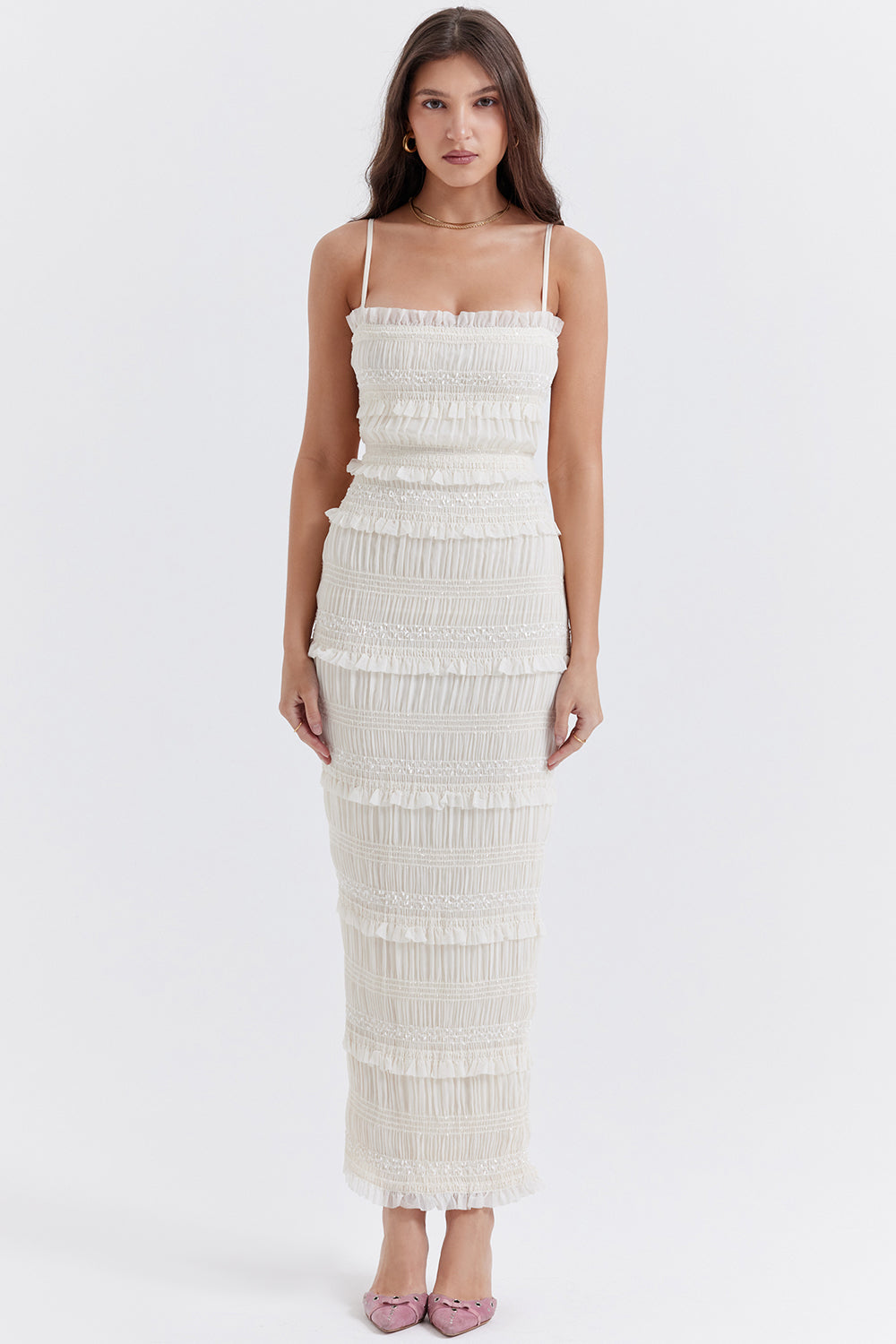 Abito maxi con plissé di paillettes