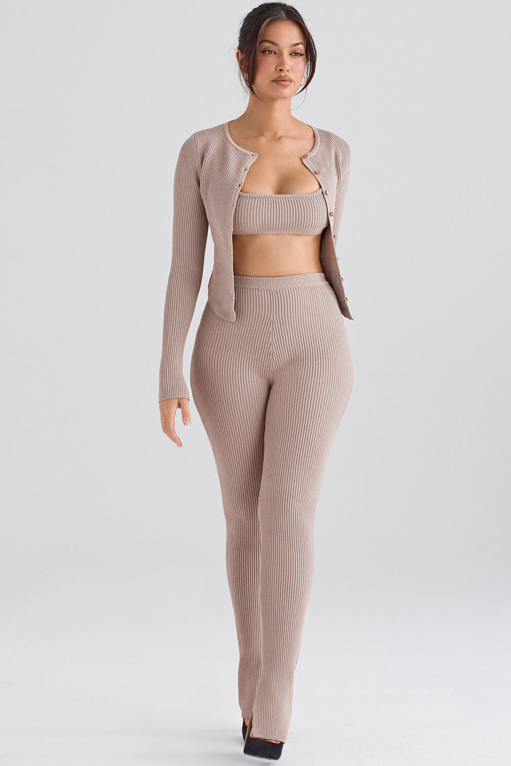 Cardigan in maglia a coste con leggings