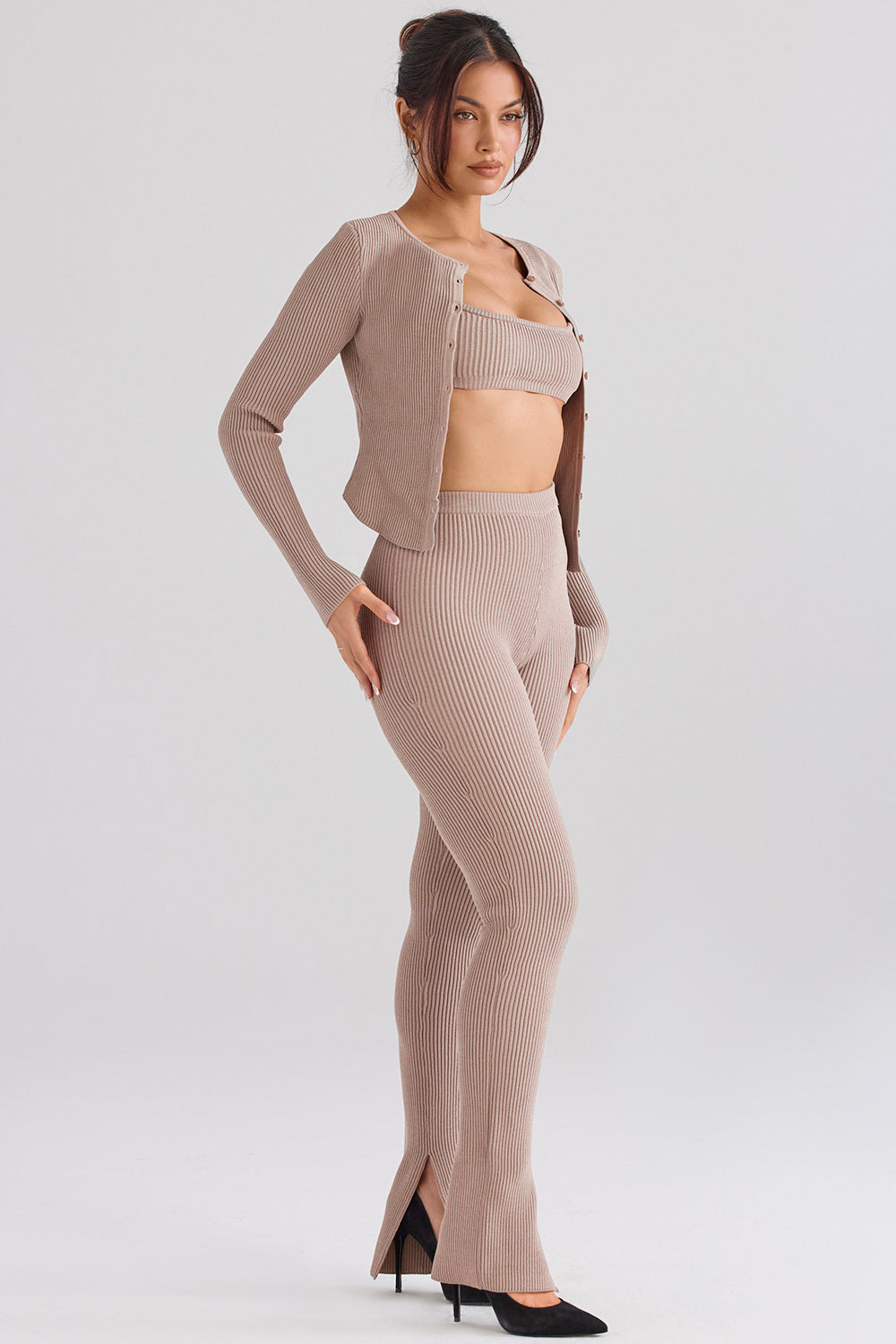 Cardigan in maglia a coste con leggings