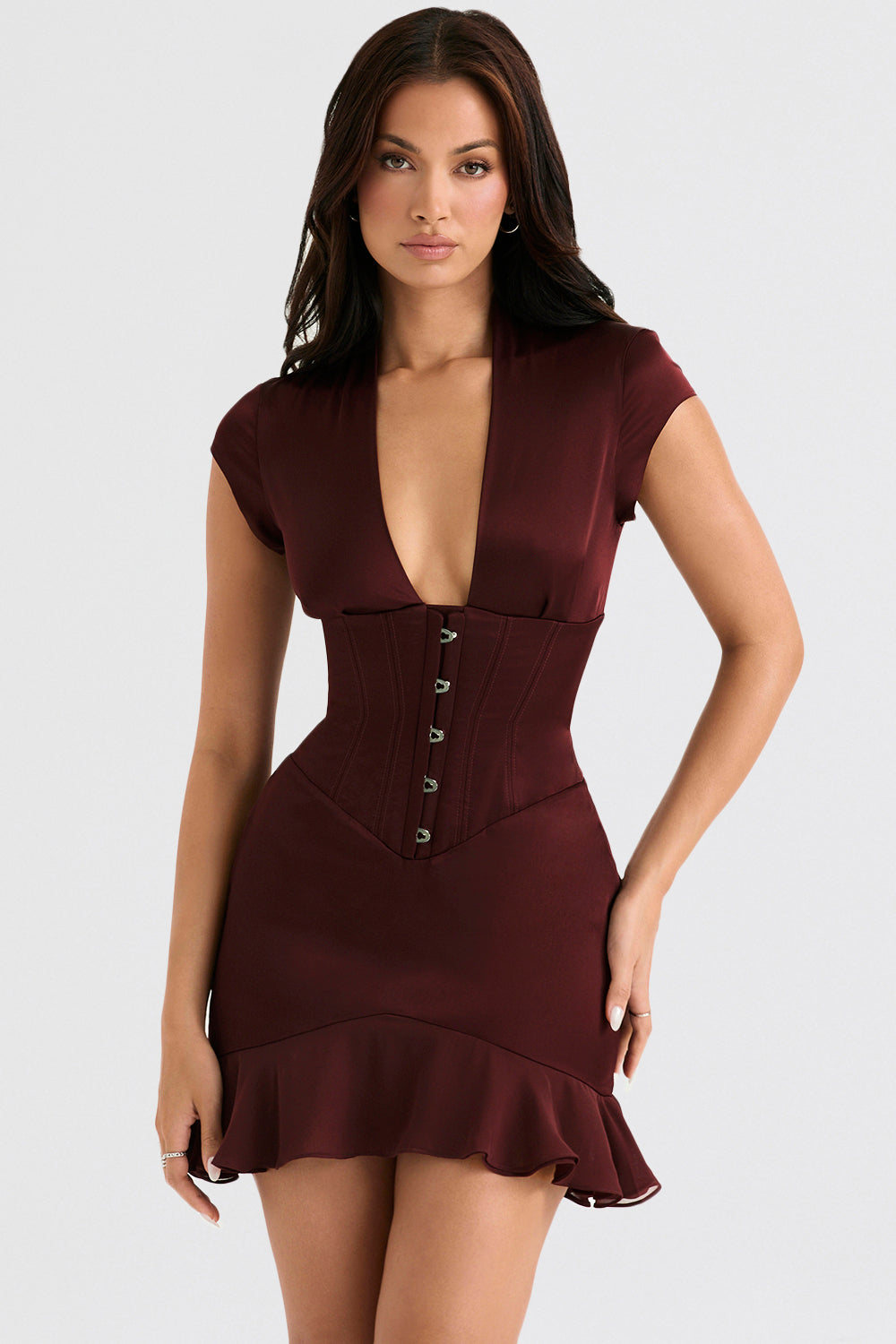 Abito corsetto rosso vino con volant