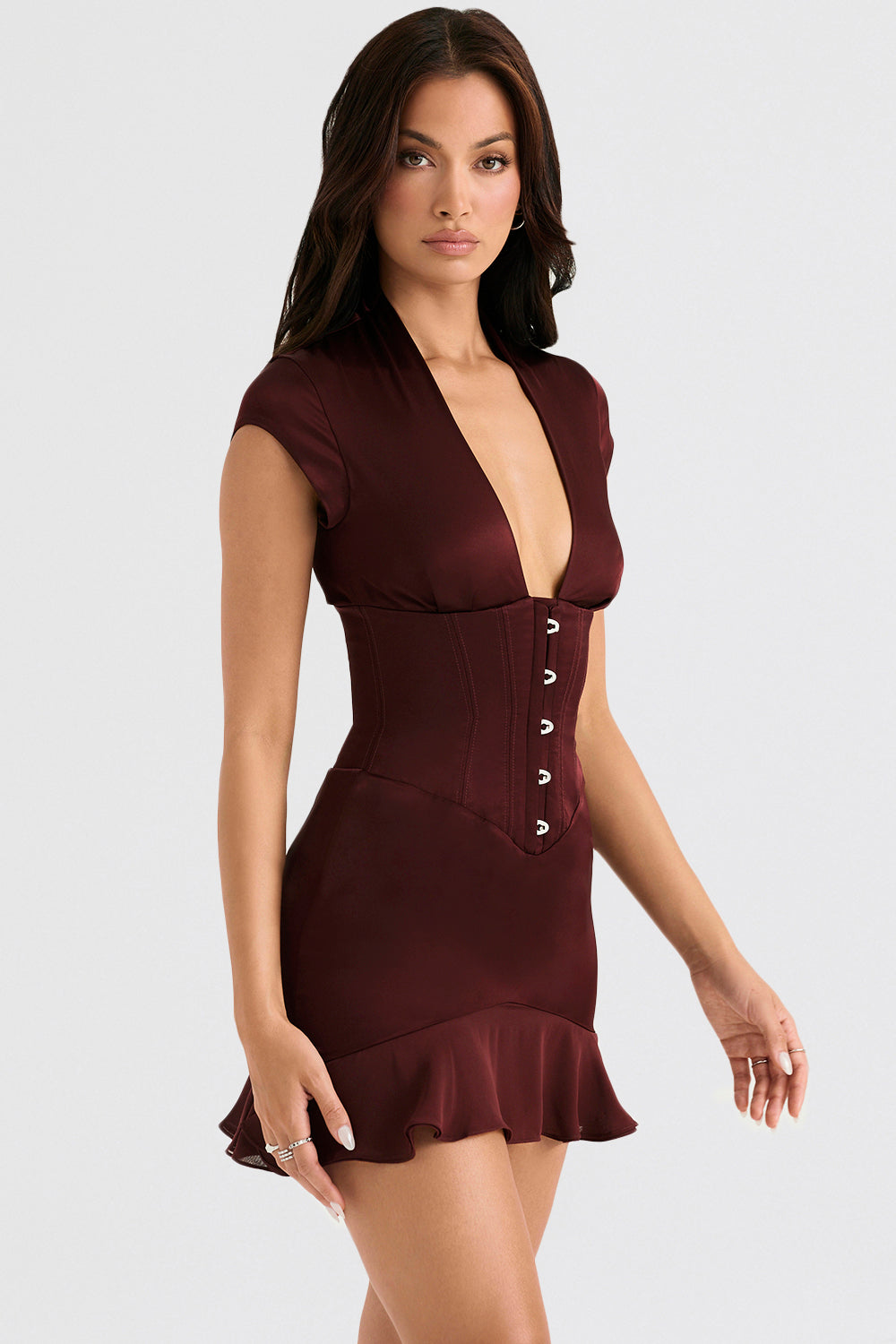 Abito corsetto rosso vino con volant