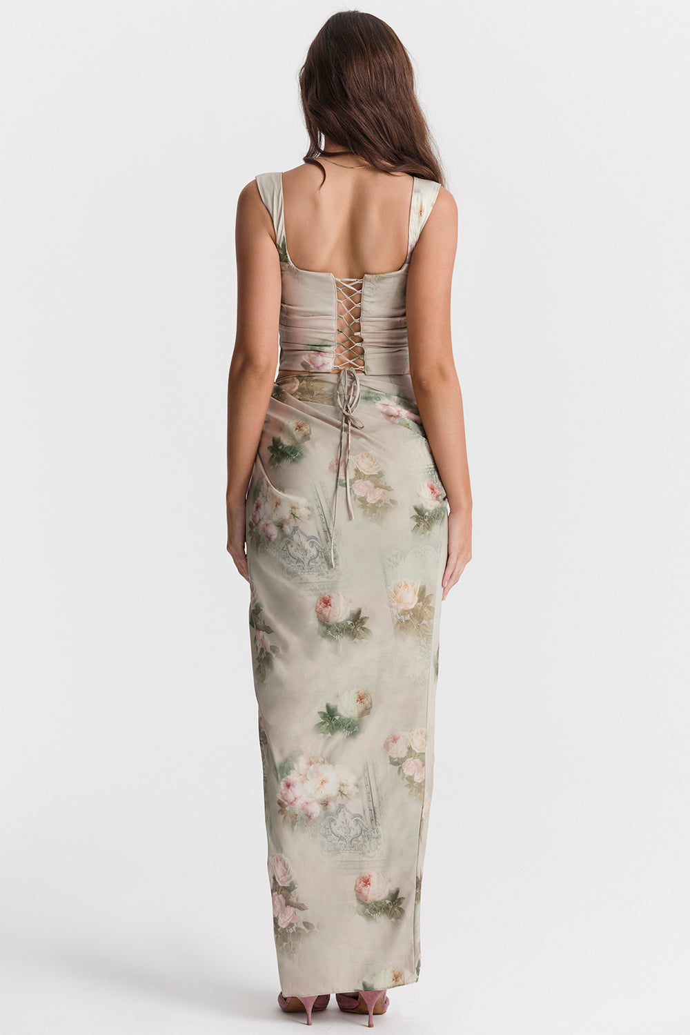 Set floreale vintage con corsetto e maxi gonna