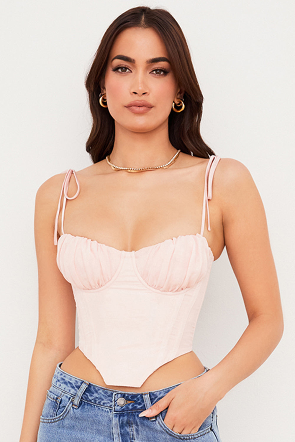 Corsetto corto rosa confetto con busto in chiffon plissettato